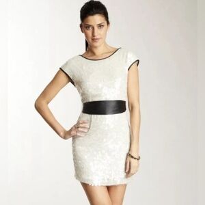 Stella & Jamie Backless Silk Sequin‎ Leather Trim Mini Dress size small